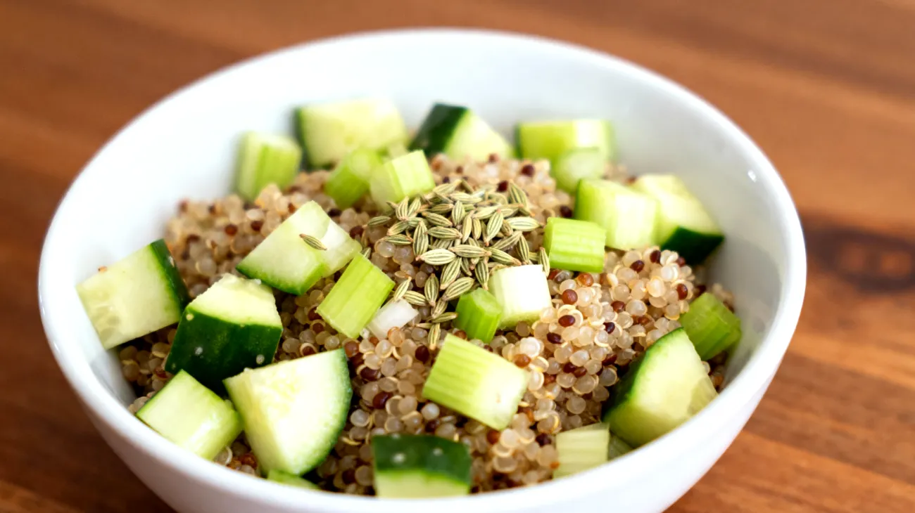 Insalata di quinoa con cetrioli, sedano e semi di finocchio"